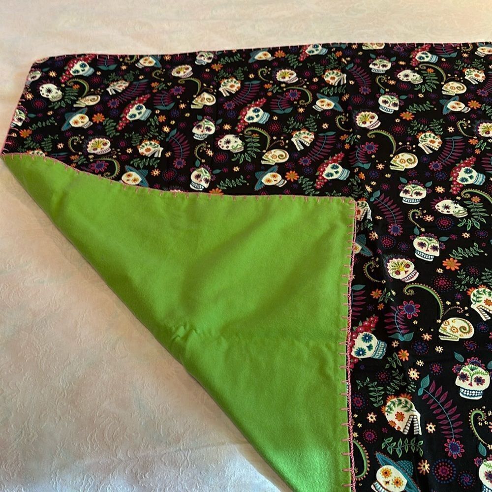 Hand Embellished Tapestry Small Blanket Sugar Skulls Hand Crocheted